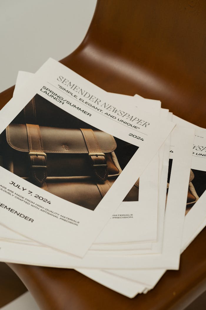 Stack of newspapers showcasing leather bag advertisement on a chair.